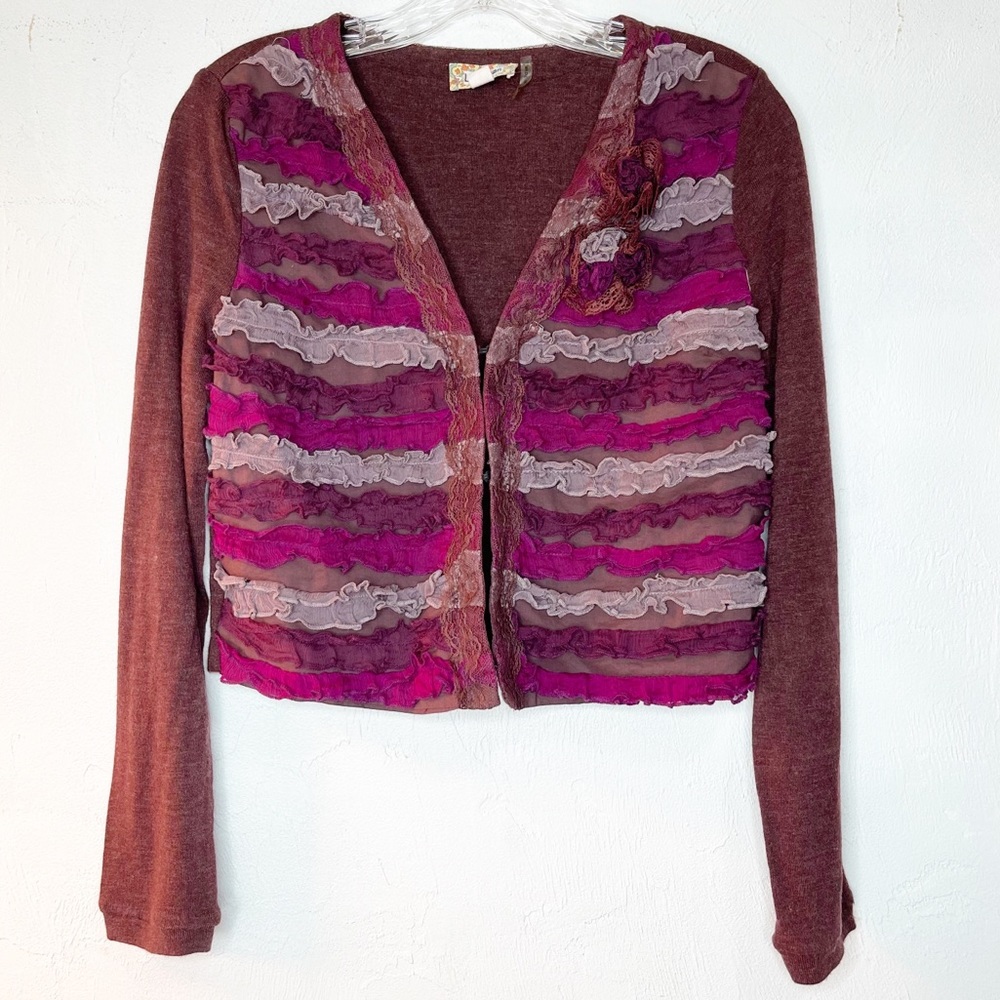 Vintage Luluman Ruffle Textured Cardigan Top Size Large